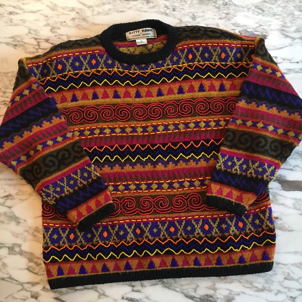 VTG 90s multi color beaded sweater sz M seed bead wool blend
